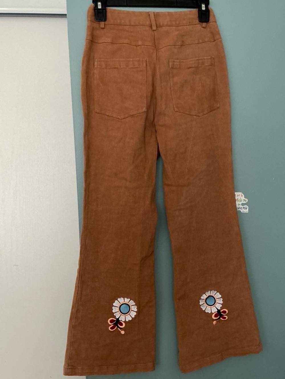 Cider Brown Corduroy Wide-Leg Pants with Daisy Appliqué